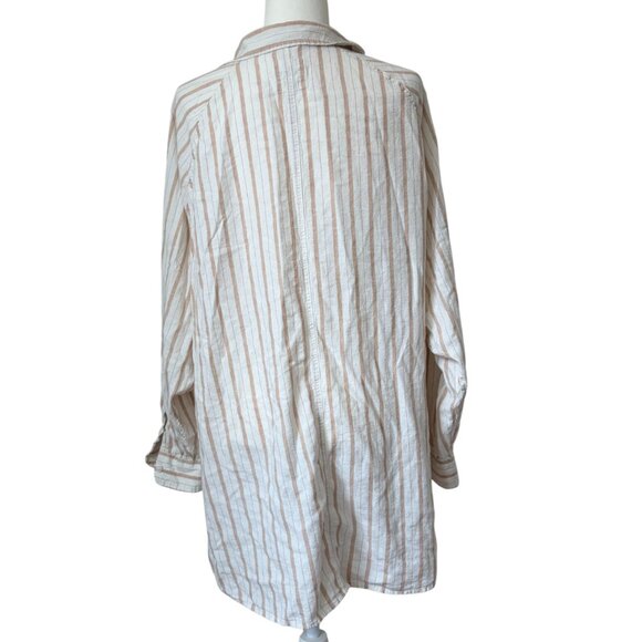 Aerie Pool-To-Party Linen Edition Cover Up Shirt, White/Light Beige Striped, XXL - Picture 4 of 6